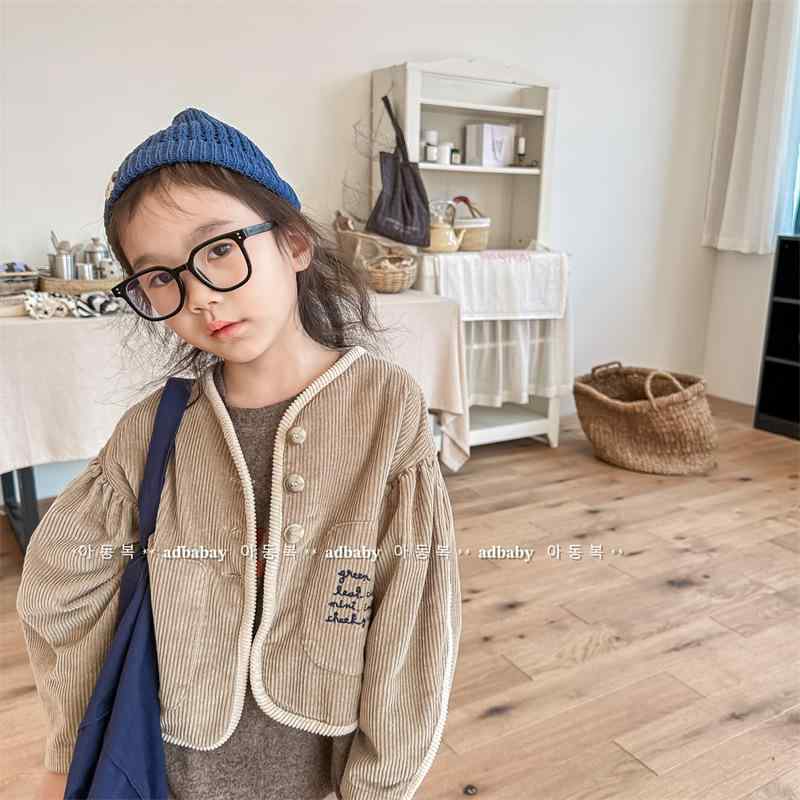 女の子 春夏 トップス コート 灯芯绒 泡泡袖 開衫 かわいい 柔らかい 素材 軽量 伸縮性 通学 普段使い ピンク系 アイボリー ベージュ