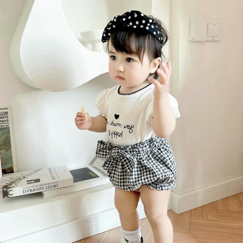 女児 キッズ 夏季 セットアップ 泡泡袖 トップス 格子柄 花苞パンツ かわいい 個性的 潮 韓 綿素材 軽量 吸湿速乾 通気性 普段使い 遊び着 ピンク系 ブルー系