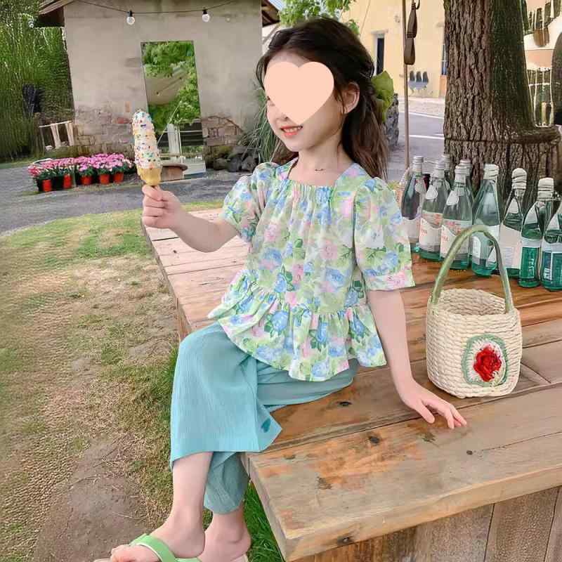 女の子 子供 春夏 セットアップ 泡泡袖 トップス ゆったり 袖 綿素材 吸湿速乾 伸...