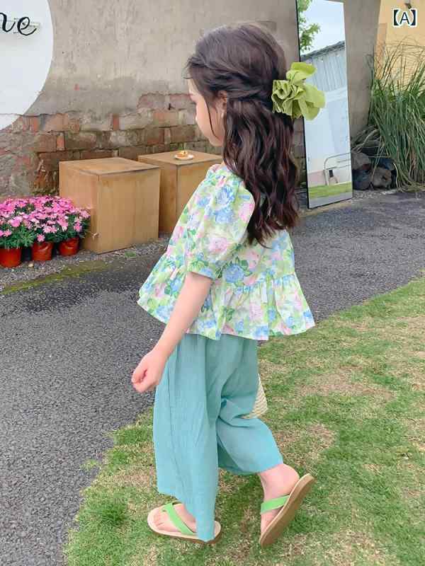 女の子 子供 春夏 セットアップ 泡泡袖 トップス ゆったり 袖 綿素材 吸湿速乾 伸...