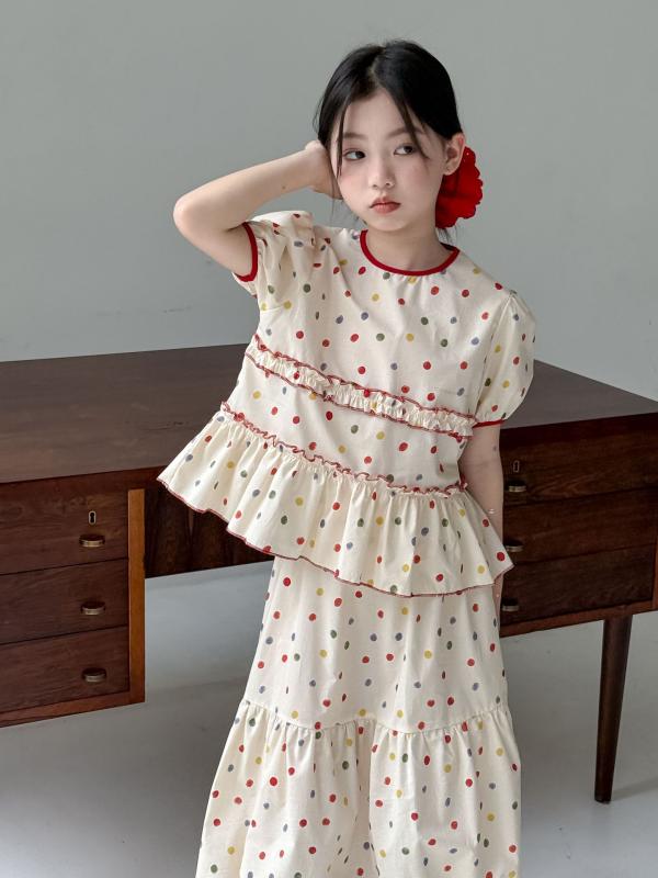 女の子 春夏 トップス スカート セット かわいい ポルカドット 泡泡袖 パフスリー...