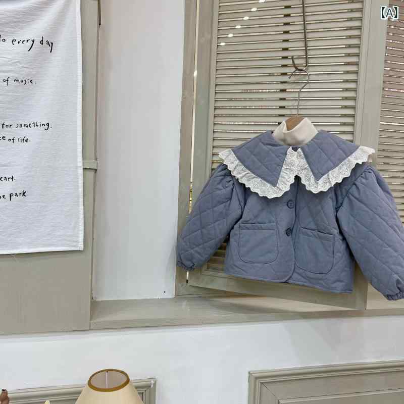 キッズ 女の子 コート 秋冬 菱形格子 キルティング 綿 花辺 リボン 襟 泡泡袖 ふん...