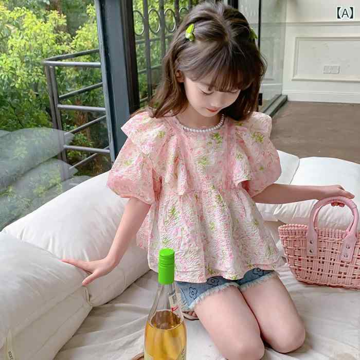 女の子 トップス 子供用 春夏 かわいい 花柄 半袖 泡泡袖 花辺 フレアスリーブ フ...