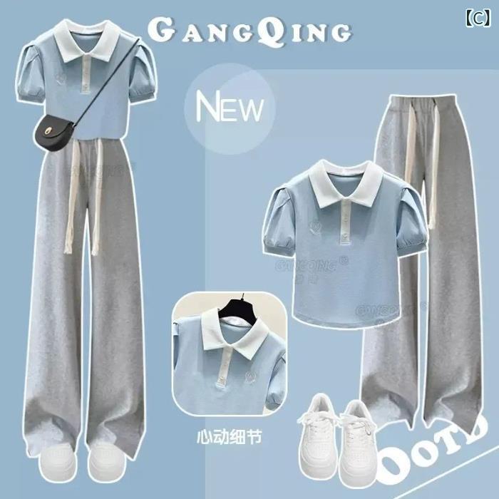 女の子 子供服 セット 春夏 トップス ポロシャツ 泡泡袖 長ズボン 時尚 かわいい ...
