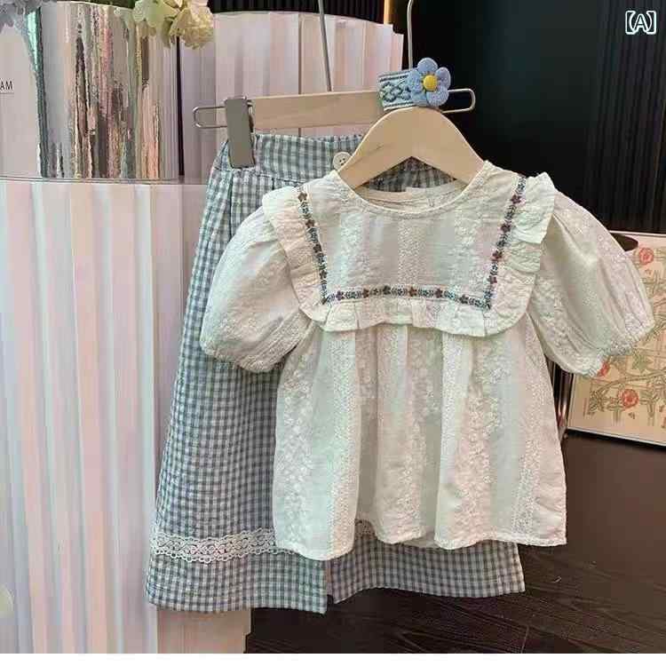 女児 春夏 刺繍 フリル袖 トップス チェック レース ワイドパンツ セット 綿 混紡 ...