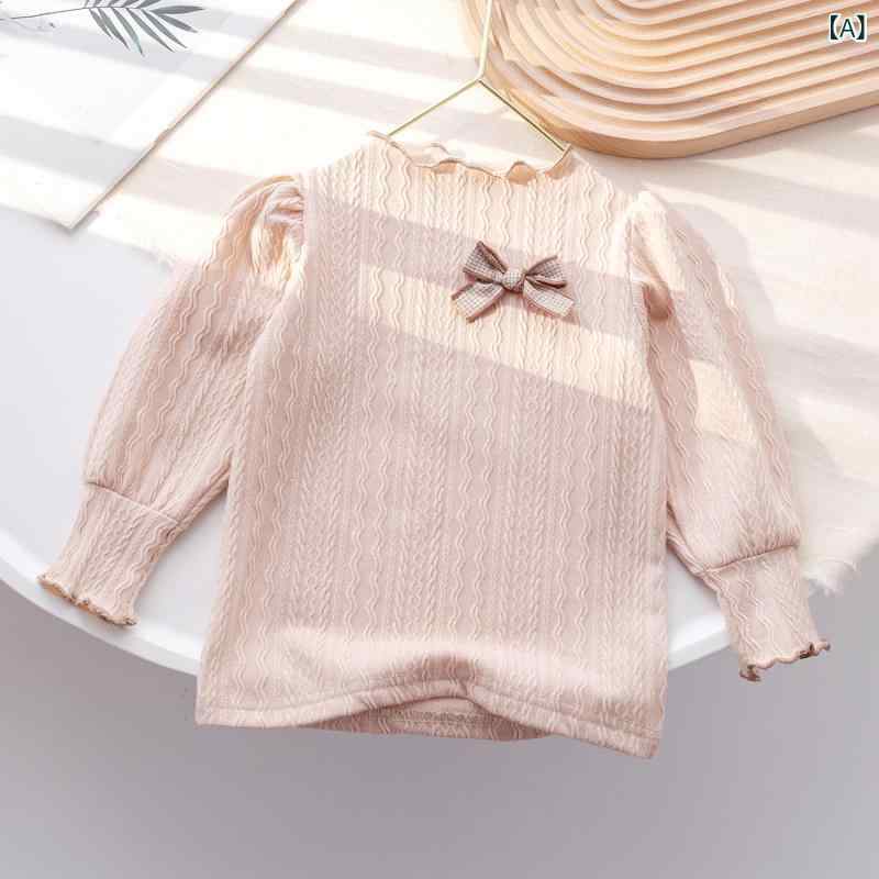 女の子 トップス 花辺 泡泡袖 長袖 Tシャツ 秋 秋冬 子供服 女児用 伸縮性 綿混 か...
