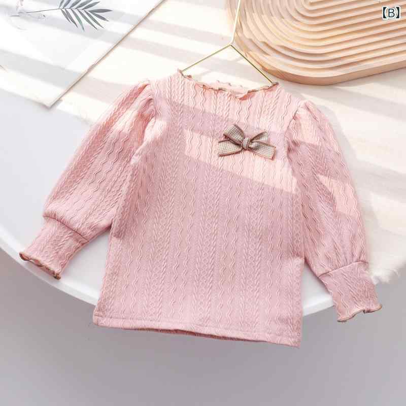 女の子 トップス 花辺 泡泡袖 長袖 Tシャツ 秋 秋冬 子供服 女児用 伸縮性 綿混 か...