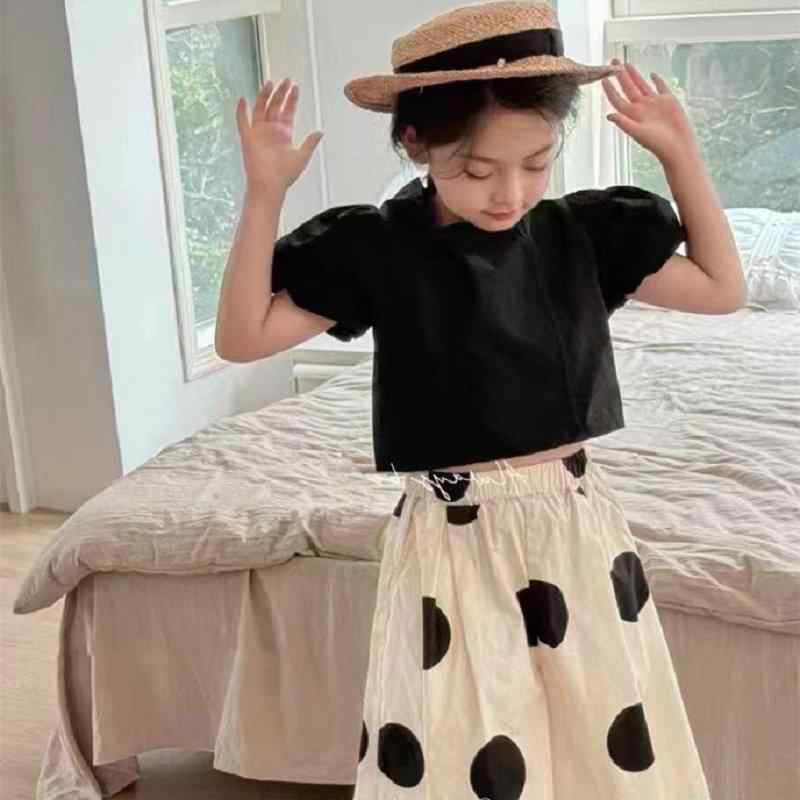 女児 ファッション セット 夏服 かわいい 泡泡袖 トップス ポルカドット ワイドパ...