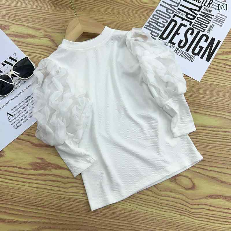 女児 トップス 子供服 女の子用 春夏 長袖 Tシャツ 泡泡袖 レイヤード 洋気 韓版 ...