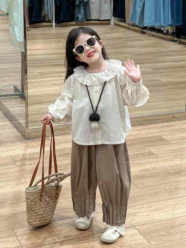 女の子 秋冬 森ガール 色 ふんわり袖 レース かわいい トップス シャツ 長袖 コットン 素材 ゆったり シルエット レイヤード コーデ 部屋着 普段使い 秋 ウィンター ファミリー キッズ ウェア 女児 長ズボン プリーツ ワイドパンツ ラフ スタ