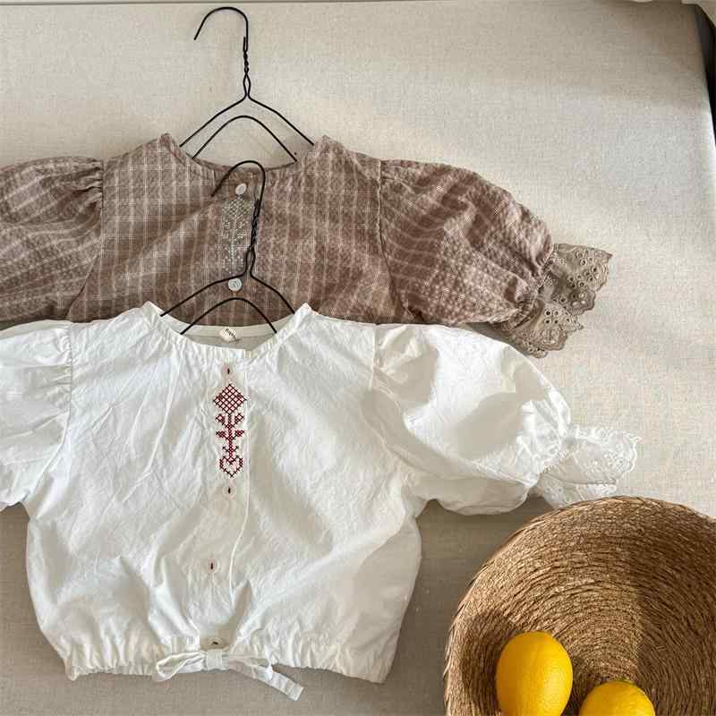 女の子 トップス 女児用 ベビー 韓系 花柄 レース袖口 かわいい 泡泡袖 七分袖 ラ...
