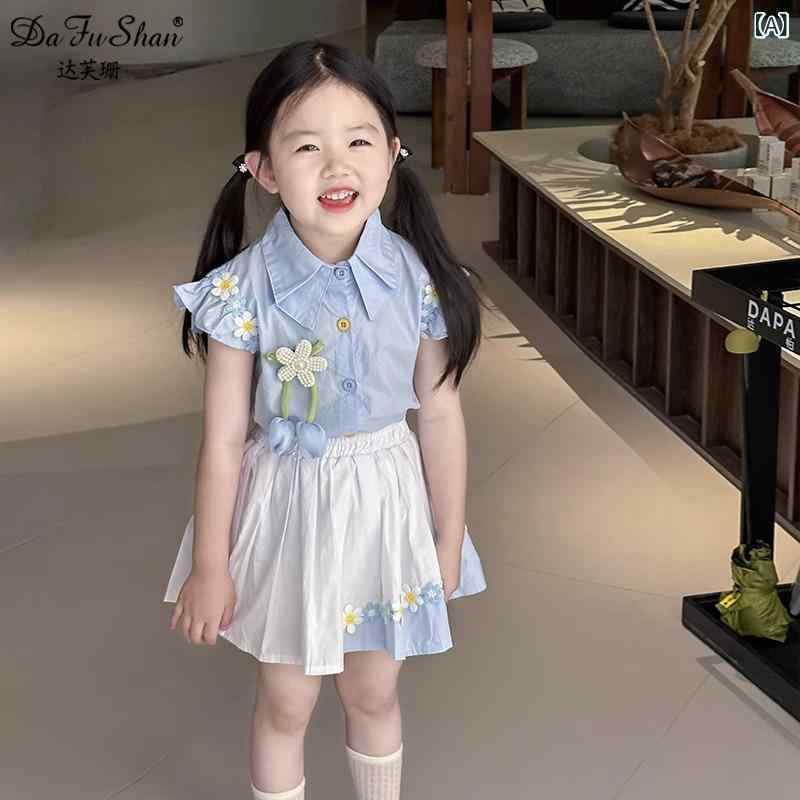女の子 春夏 花柄 短袖 泡泡袖 上衣 セット 百褶スカート 綿素材 かわいい 軽量 通気性 伸縮性 ピンク系 アイボリー 普段使い 女児服 子供服 トップス スカート 組み合わせ 動きやすい