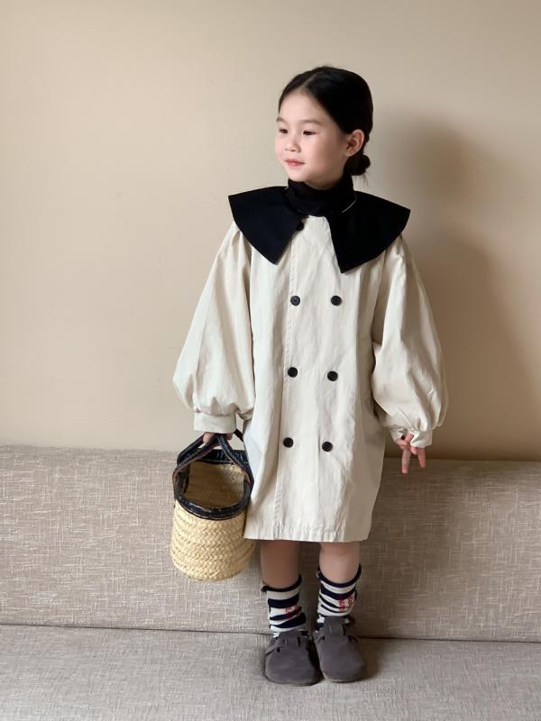 女の子 コート 春 子供服 韓国 カラーブロック ミドル丈 ダブルブレスト フレア袖 ...