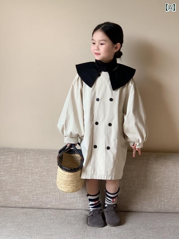 女の子 コート 春 子供服 韓国 カラーブロック ミドル丈 ダブルブレスト フレア袖 ...