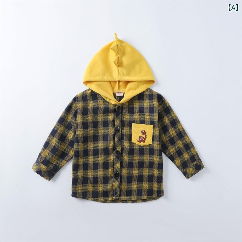 男の子 シャツ 恐竜柄 男児用 赤ちゃん用 クラシック チェック柄 フード付き 春夏 かっこいい トップス 中小 男児服 綿素材 通園用 普段使い 軽量 伸縮性 ビッグシルエット ブルー系 グレー系