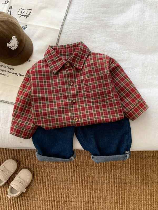 Rakuten - 子供 男の子 シャツ トップス 春夏 秋冬 格子柄 翻領 長袖 上衣 洋気 デザイン 綿素材 軽量 通気性 普段使い 部屋着 外出着 ベビー 幼児 サイズ
