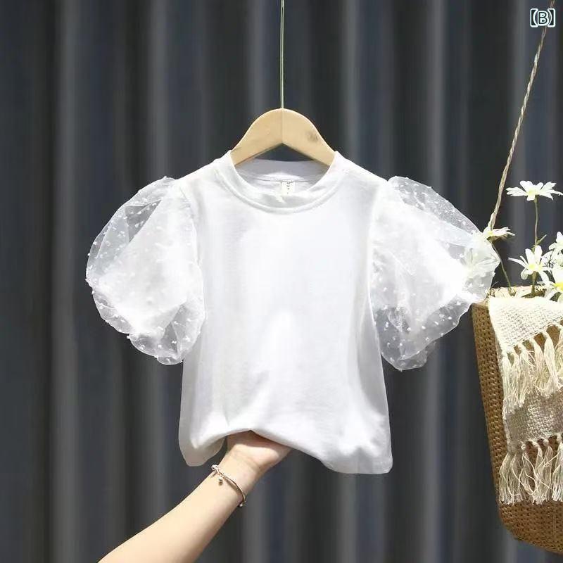 女児 トップス 子供服 短袖 泡泡袖 棉 Tシャツ ベビー インナー 夏服 上衣 綿素材 ...
