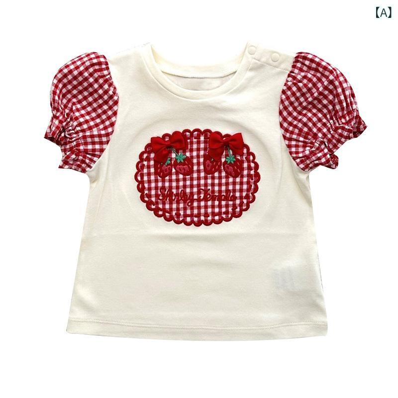 女の子 Tシャツ 七分丈パンツ セット 夏用 かわいい 草莓柄 蝶結び 刺繍 泡泡袖 短...
