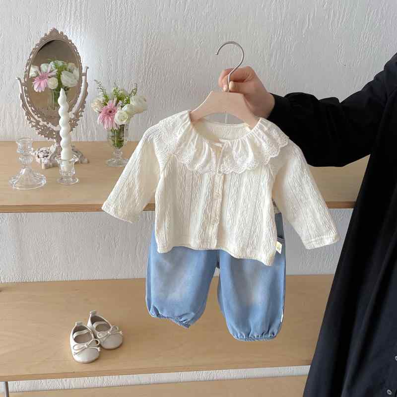 ベビー 女の子 シャツ ヨークレース 襟 柔らかい コットン トップス 秋冬 かわいい 洋気 インナー 長袖 ピンク系 アイボリー 軽量 伸縮性