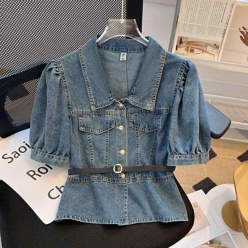 シャツ レディース デニムシャツ 半袖 泡泡袖 パフスリーブ トップス 夏用 薄手 レトロ スタイル ゆったり 体型カバー 大きいサイズ 細見え 着痩せ ウエストマーク リボン 襟付き ショート丈 アウター カジュアル ブルー