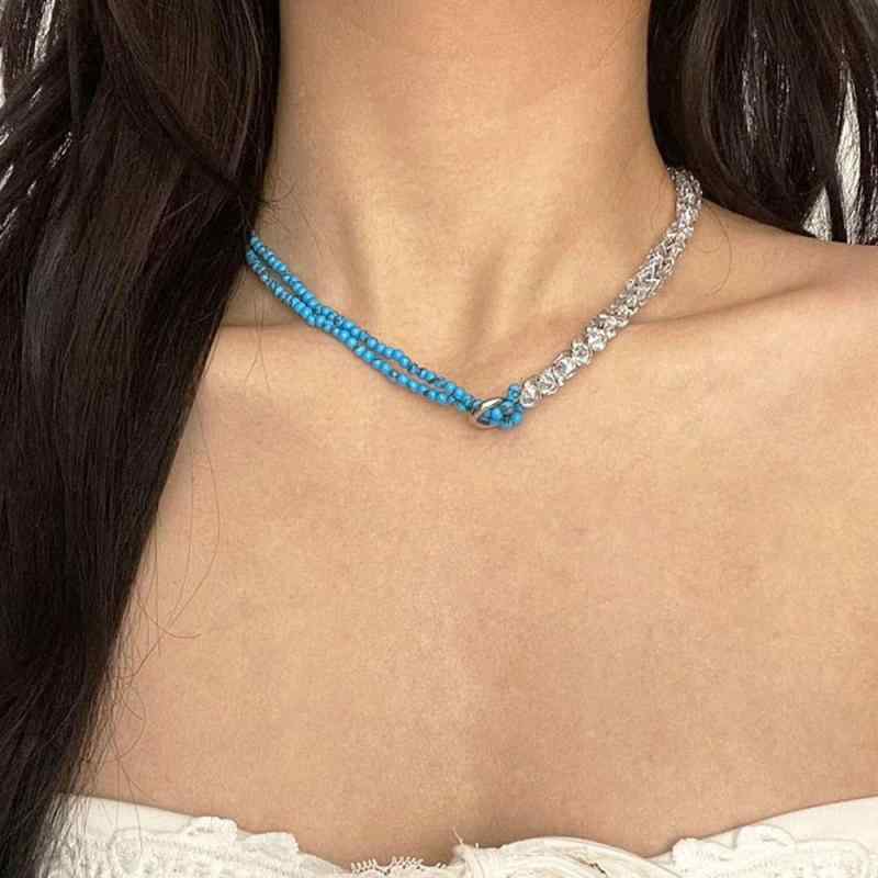 乐天商城 - ネックレス 女性用 韓国 ブルー ビーズ グリーンストーン 透明 クリスタル 鎖骨チェーン かわいい 細身 普段使い 軽量 シンプル アクセサリー