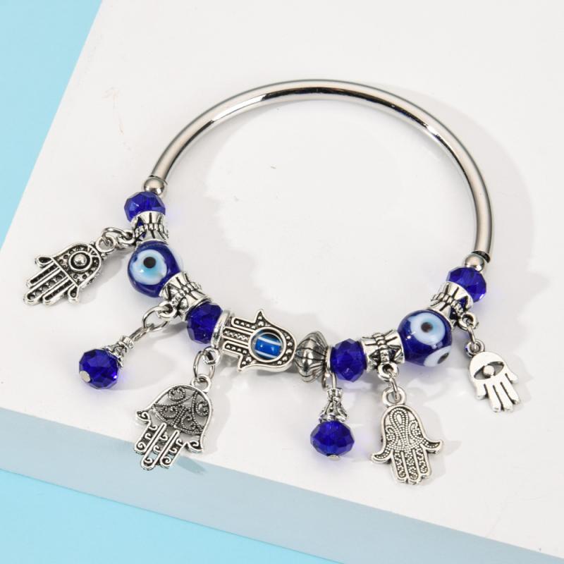 Jade - ブレスレット 女性用 水晶 ビーズ ハンドメイド アクセサリー 手首用 邪眼モチーフ ファティマの手 護符デザイン シンプル かわいい 普段使い シルバー加工 軽量 伸縮性 ギフト向け