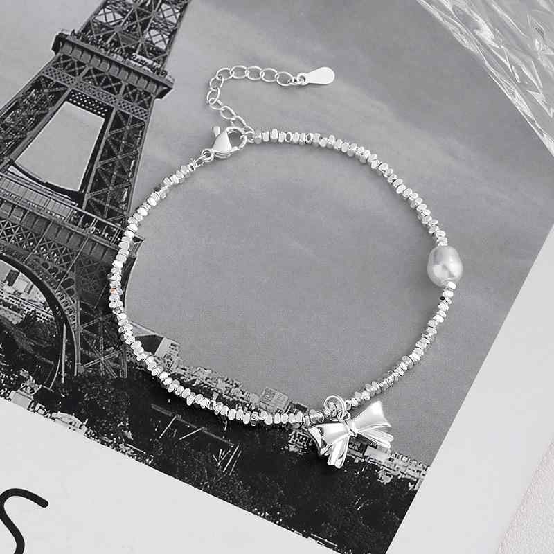 White Coral - レディース かわいい パール 蝶結び 手作り シルバー アクセサリー 幾何学 デザイン 不規則 チェーン ブレスレット 日常使い ジュエリー 手元 おしゃれ アイテム 細身 軽量 シルバー アクセント 女性用 ファッション アクセ