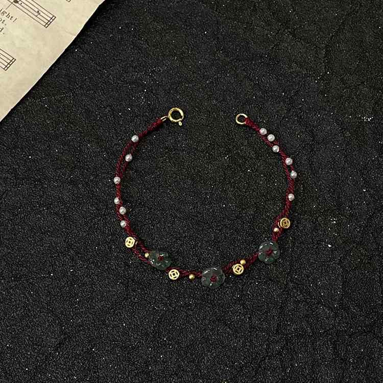 Jade - 手链 女性用 軽量 高級感 珍珠 デザイン 二層 赤 ロープ 編み込み ブレスレット かわいい シンプル アクセサリー 普段使い シルバー 加工 ラッキーアイテム