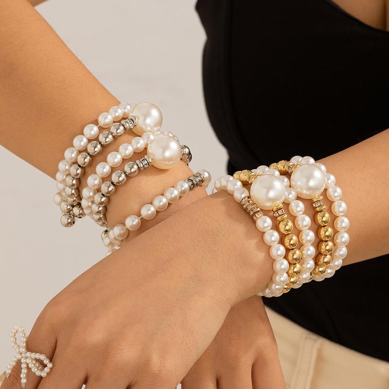 Pearl White - ブレスレット ハンドメイドアクセサリー 女性用 レイヤードスタイル 珍珠 大型パール ビーズ 微細装飾 ゴールド シルバー 華奢デザイン 普段使い ギフト セット