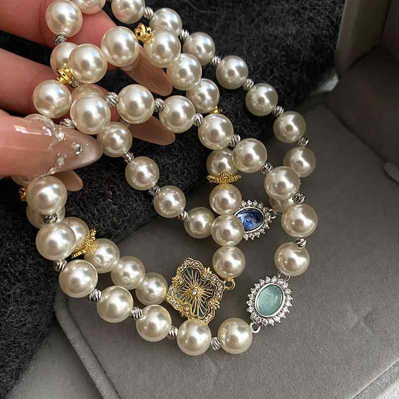 Jade - ハンドメイド アクセサリー 女性用 ブレスレット アクアマリン ジルコニア 真珠 フレンチスタイル 高級感 気質 手元飾り 軽量 繊細デザイン 華奢 シルバー調 普段使い ギフト対応 秋冬 春夏 通年