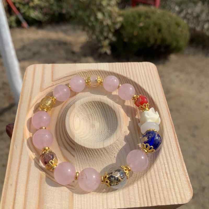 Other - レディース 手首用 ブレスレット ピンク系 金箔 クォーツ ビーズ シングルストランド 九尾狐 モチーフ ランナー リング 寺院 景観デザイン かわいい アクセサリー 普段使い 軽量 シンプル シルバー チェーン 華やか 女性向け ファッション アイテ