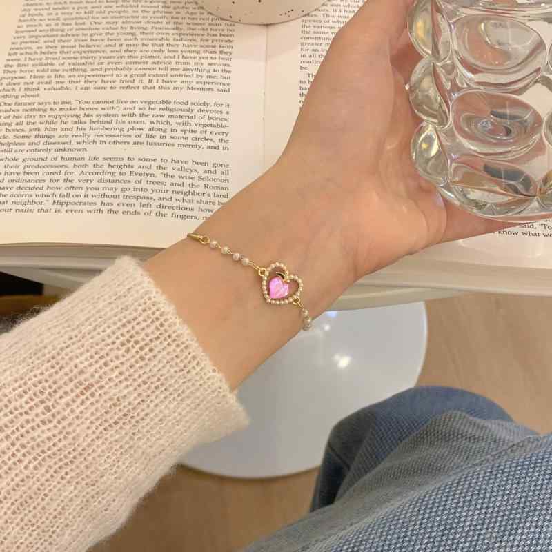 Pink - ブレスレット 女性用 かわいい ピーチモチーフ 引き出し式 偽パール ハート 友情 デザイン 軽量 普段使い ピンク系 夏 アクセサリー シンプル ギフト ファッション ジュエリー