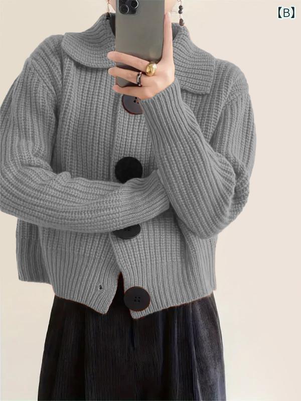 カーディガン 女性用 ゆったり 韓国 ファッション カジュアル スタンドカラー ニット オープン前 ルーズフィット ビッグサイズ アウター 秋冬 コットン混 軽量 伸縮性 通勤 普段使い ブラック グレー ベージュ riverpaddy-11308201 リバーパディ サンプル画像3