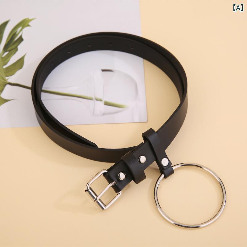 Suspenders - レディース ファッション ベルト 百搭 純色 大型 丸型 リング 装飾 ピン バックル PUレザー ワイド ウエストベルト 腰回し ベルト 普段使い 軽量 柔軟 ブラック ブラウン ベージュ 秋冬 通勤 カジュアル コーデ