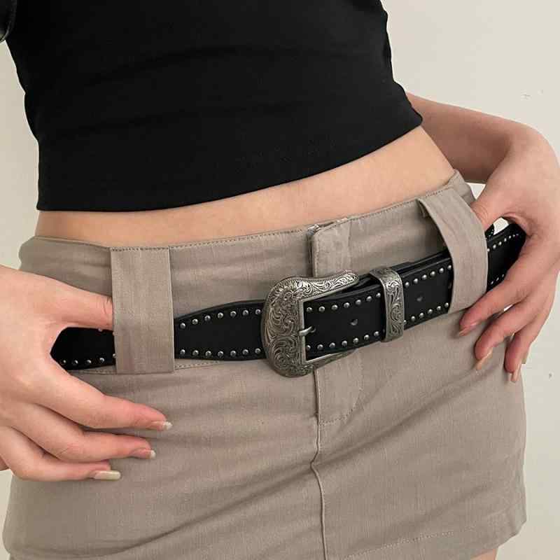 レディース ベルト 美式 レトロ 女性用 腰回り 2024 新款 スタッド 釘 付き パンク 革 ベルト コーディネート デニム パンツ バンド 個性 Y2K ブラック