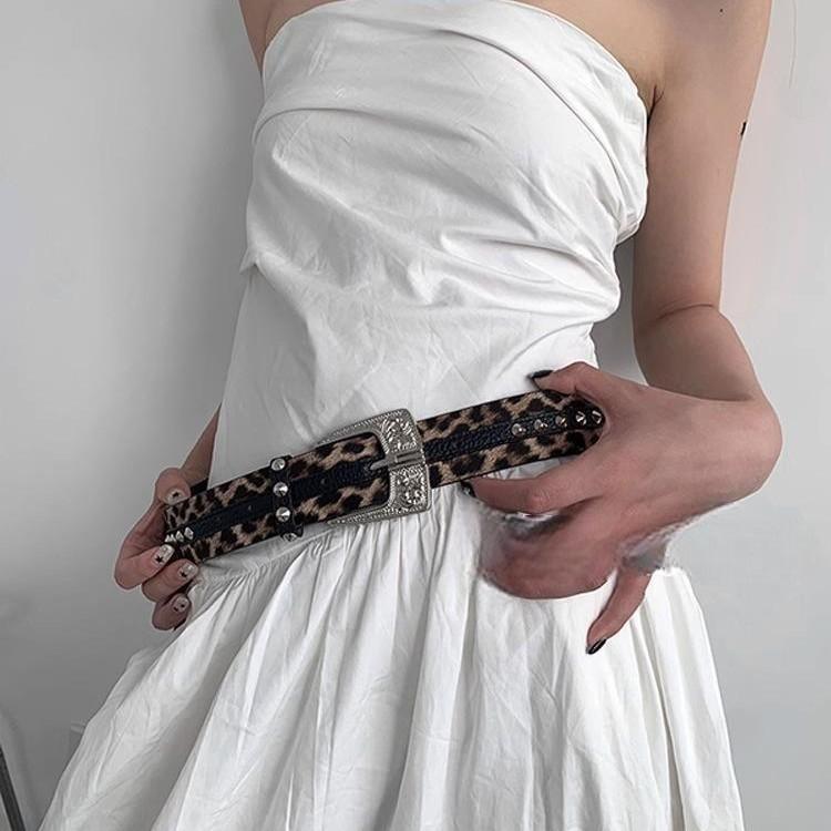 ベルト 女性用 ボヘミアン スタイル 個性的 スパイシー ガール 普段使い 復古 ヒョウ柄 スタッズ 切り替え ウエストベルト ワイドフェイス PU レザー ファッション アクセサリー 軽量 伸縮性 ブラック ピンク系 秋冬