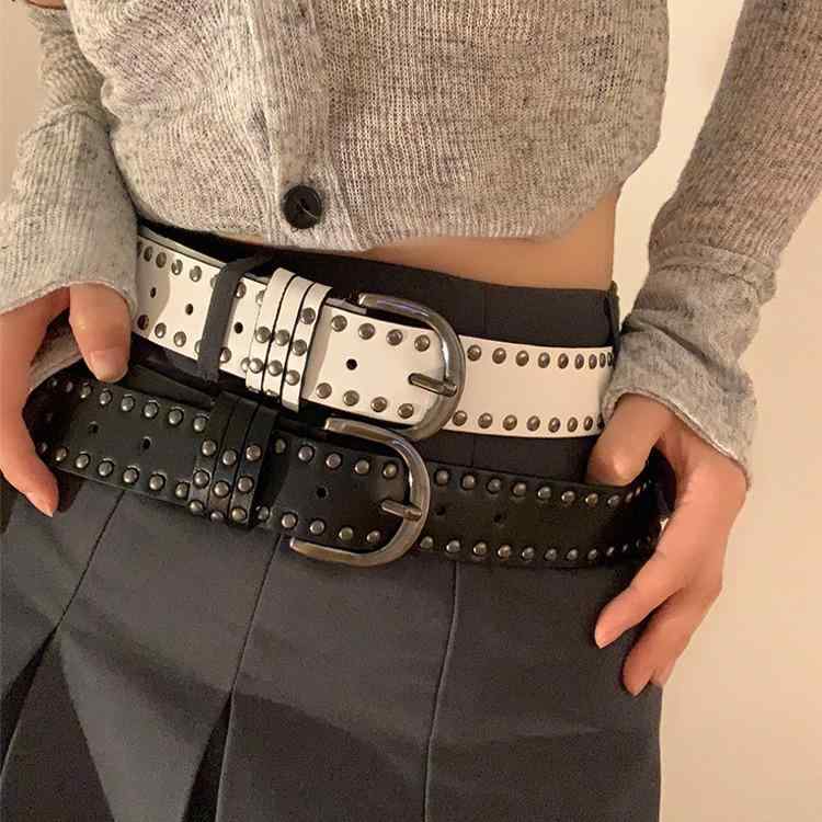 Suspenders - レディース ベルト 春夏 韓国 港 復古 ソリッドカラー 個性 パンク スタッド ウエストベルト 百搭 高級感 革ベルト トレンド 普段使い 軽量 伸縮性 ブラック ピンク系 アイボリー ビッグシルエット ハイウエスト