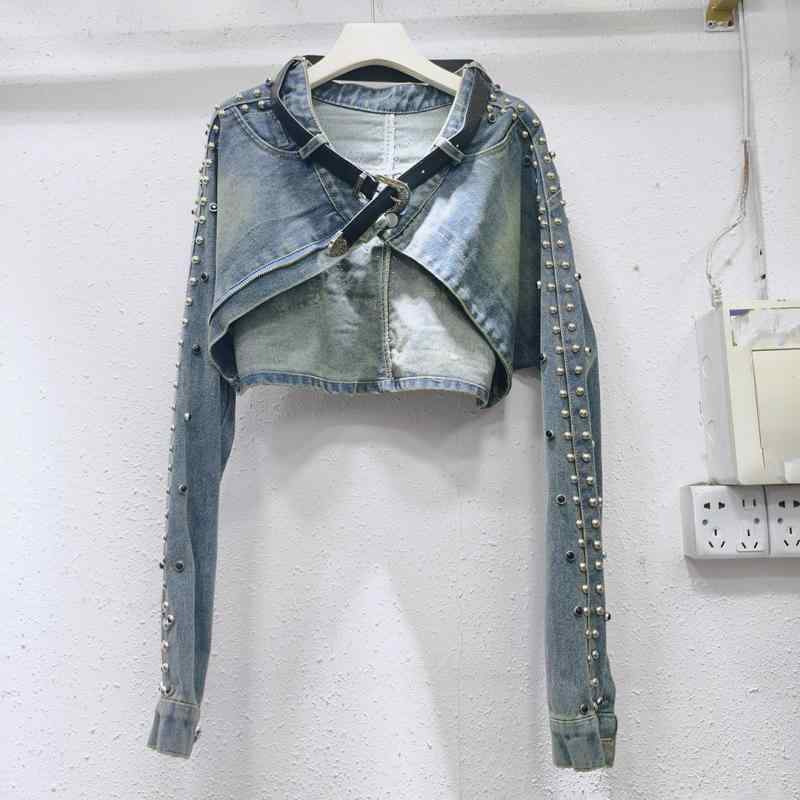 Suspenders - レディース 牛仔 ショール ジャケット 長袖 翻領 デザイン ルーズ フィット スタイル メンズライク ストリート ファッション デニム 素材 軽量 伸縮性 普段使い 通勤 コーデ ブラック ベージュ カラー 秋冬 シーズン 切り替え ディテール ビッグ