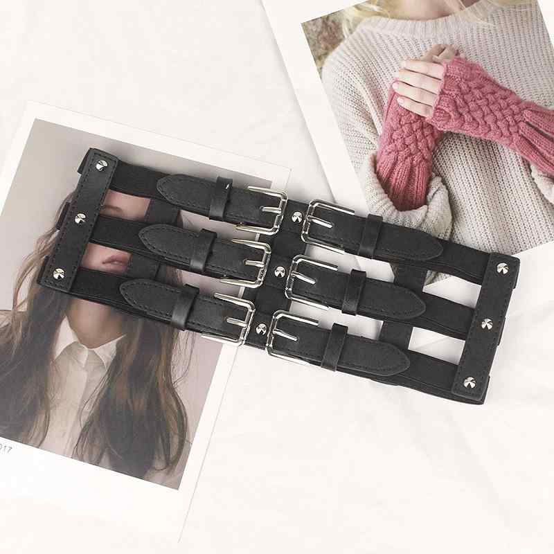 Suspenders - ベルト 女性用 超ワイド ゴムウエスト 3列ボタン ルーズフィット 切り替え 空洞 鋲飾り ストレッチ素材 伸縮性 ロックスタイル 普段使い 軽量 ブラック系