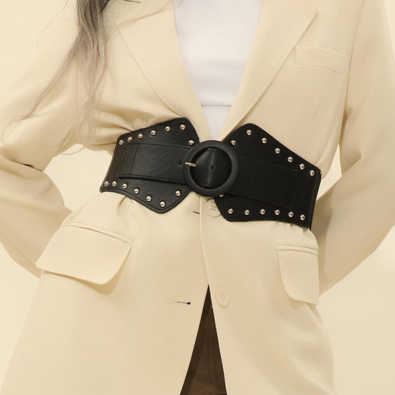 Suspenders - ワンピース レディース 復古 コート トレンチコート ドレス ハイウエスト 腰ベルト 幅広 スタイリッシュ ファッション 切り替えデザイン 金属装飾 スタッド ベルト 伸縮性 ラバー素材 軽量 秋冬 普段使い 通勤用 ブラック ベージュ ブラウン グレ