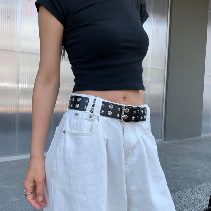 Suspenders - ベルト 女性用 ヒップホップ ワイド 腰回り スタッド 付け ブラック 百搭 インス スタイル レザー 素材 軽量 伸縮性 あり 普段使い 通勤 対応 秋冬 カジュアル ファッション アイテム ラフ コーデ アクセサリー