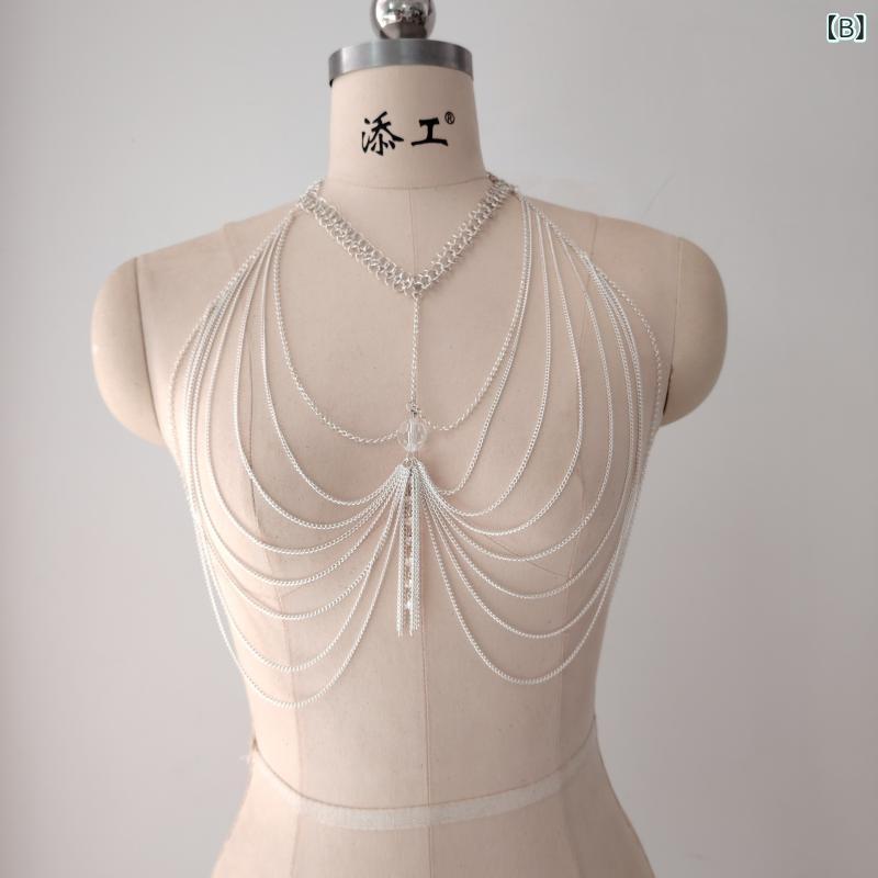 Suspenders - ボディチェーン アクセサリー 女性用 個性的 ファッション レイヤード フリンジ セクシー ウエストチェーン ゴールド加工 軽量 普段使い 通勤 夏 秋 シルバー ブラック