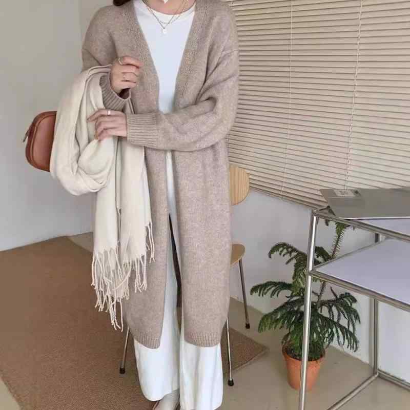 ニットカーディガン レディース 春夏 秋冬 シンプル ロング丈 膝下丈 ゆったり ゆるい カーディガン トップス セーター コート 軽量 伸縮性 綿混 長袖 ゆったりシルエット 普段使い 通勤用 アウトドア