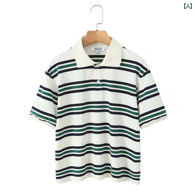 レディース トップス ポロシャツ メンズ アメリカン レトロ ビンテージ コントラスト カラーブロック ストライプ 襟付き 半袖 Tシャツ シャツ 上衣 かわいい 減齢 スタイル カジュアル 普段使い コットン 混紡 軽量 通勤 通学 アウトドア 春夏