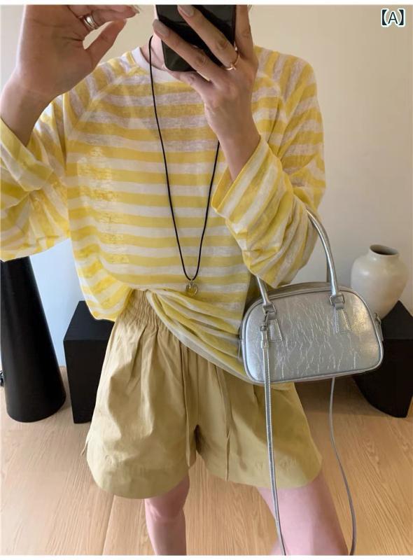 Tシャツ 女性用 長袖 春夏 薄手 ストライプ 丸首 ラグランスリーブ ゆったり 防晒 接触冷感 トップス 綿混 吸湿速乾 軽量 通勤 普段使い カジュアル riverpaddy-11309080 リバーパディ サンプル画像2
