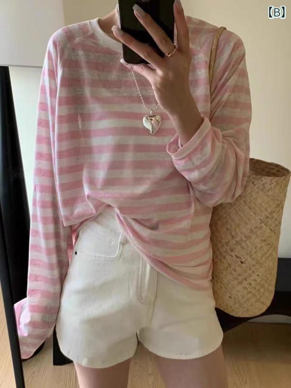 Tシャツ 女性用 長袖 春夏 薄手 ストライプ 丸首 ラグランスリーブ ゆったり 防晒 接触冷感 トップス 綿混 吸湿速乾 軽量 通勤 普段使い カジュアル riverpaddy-11309080 リバーパディ サンプル画像3