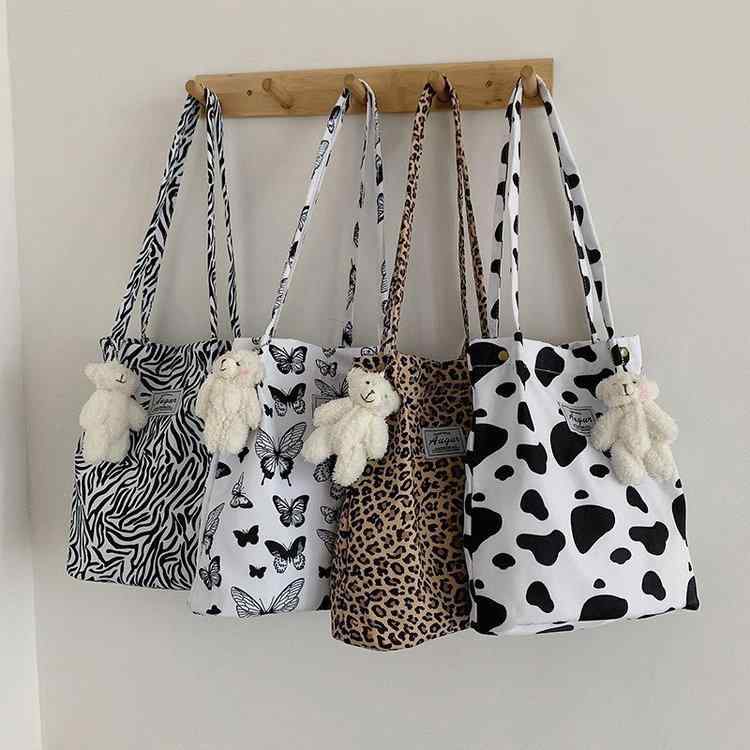 トートバッグ 女性用 ヒョウ柄 帆布 ハンドバッグ プリント ショルダーバッグ 学生向け 港 レトロ キャンバス 大きめ 普段使い 軽量 肩掛け かわいい 切り替えデザイン 秋冬 ブラック系