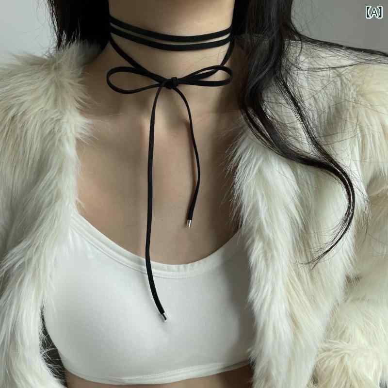 リバーパディのネックレス 女性用 セクシー チョーカー 黒 ベルベット リボン 蝶結び 鎖骨チェーン ネックバイザー 首周りアクセサリー ゴシックスタイル 華奢 普段使い レイヤード対応 金属フリー 軽量素材 ブラックカラー 秋冬 ファッション小物｜アングル2