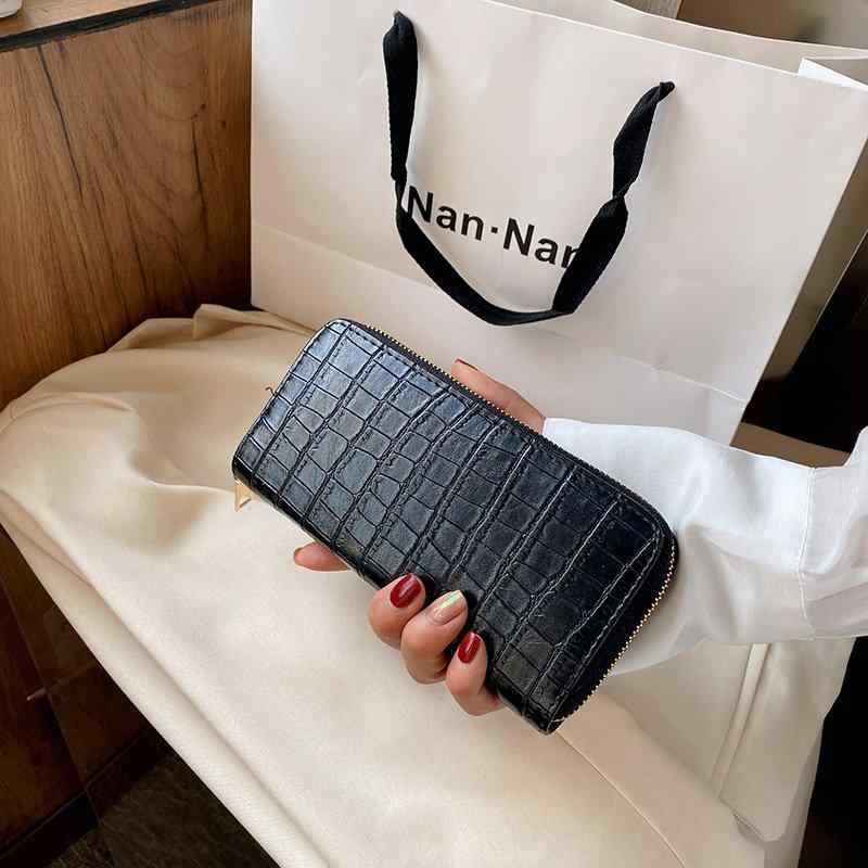 財布 女性用 長財布 石目柄 ジッパー ハンドバッグ ファッション 大容量 二層 マネークリップ スマホ収納 ポーチ 軽量 普段使い 合皮 ブラック系 通年
