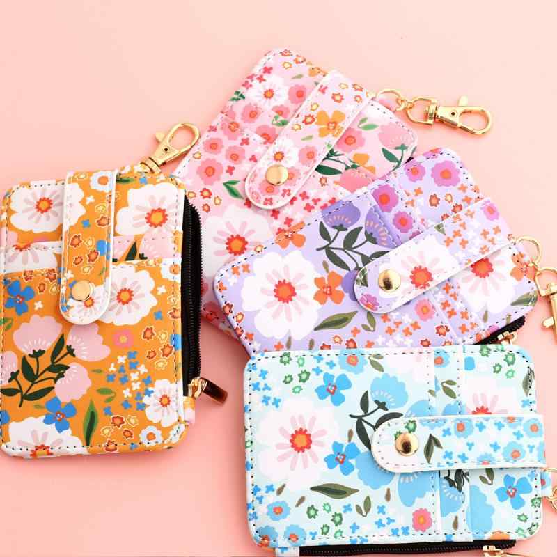 レディース フラワープリント 折り畳み 縦型 ジップ カードケース フラワー コインケース 財布 かわいい 普段使い 軽量 コンパクト ピンク系 アイボリー カジュアルスタイル